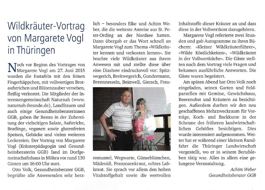 Wildkräuter-Vortrag von Margarete Vogl in Thüringen, Artikel im Gesundheitsberater